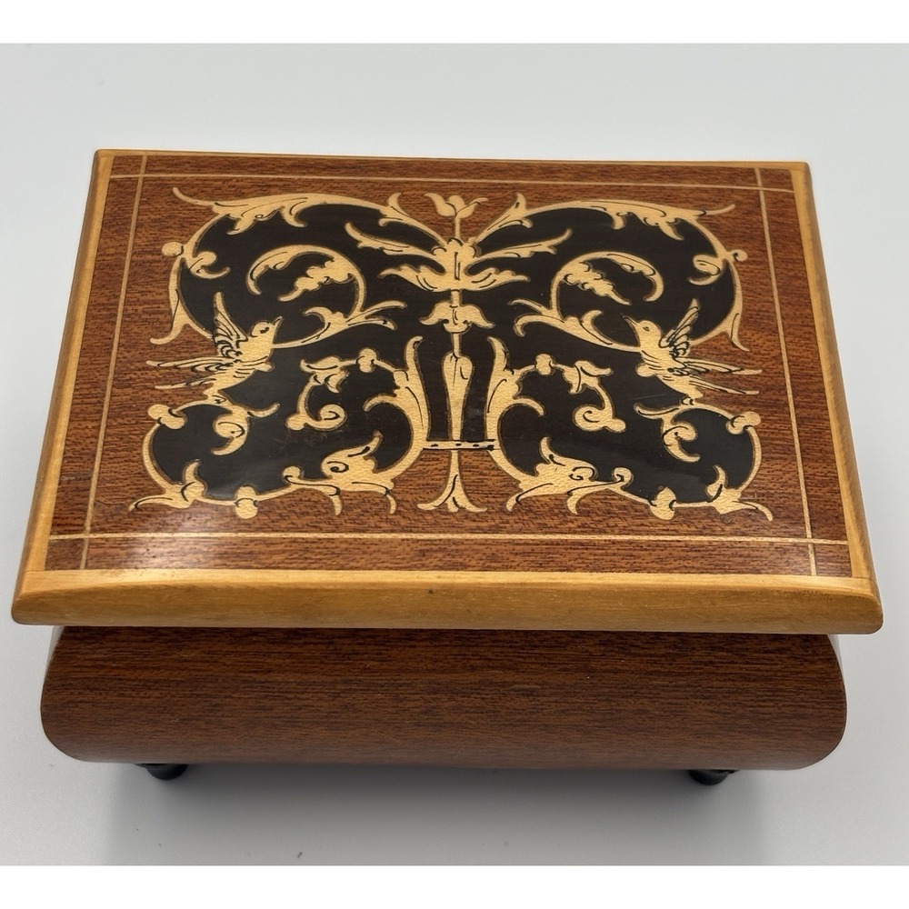 Reuge Inlaid Wood Swiss Music Box, Italy, Edelweiss Tune, Hinged, Switch, Vtg.